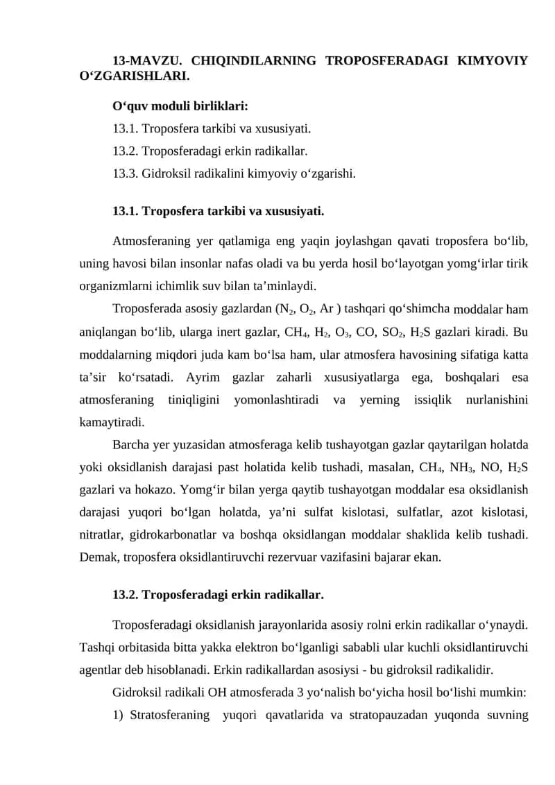 13-mavzu. Chiqindilarning troposferadagi kimyoviy o‘zgarishlari 1