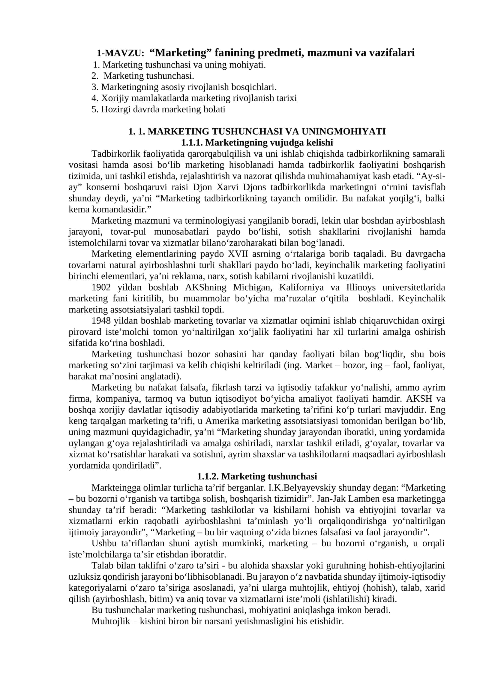 “Marketing” fanining predmeti, mazmuni va vazifalari 1