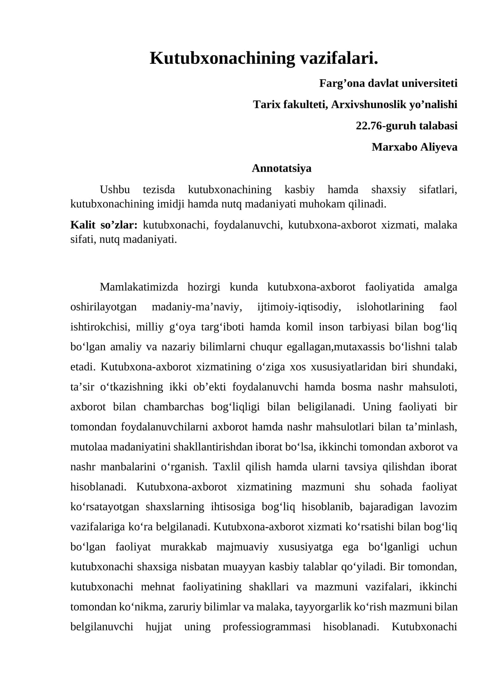 Kutubxonachining vazifalari 1