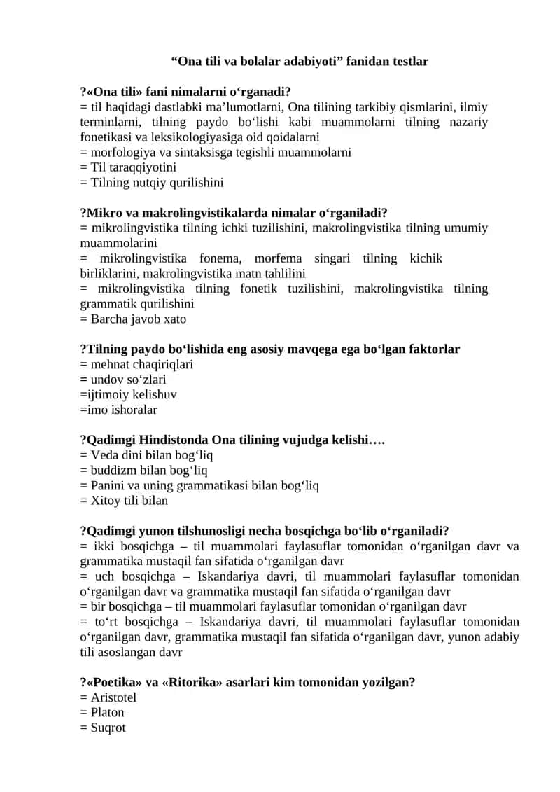 Ona tili va bolalar adabiyoti testlar 1