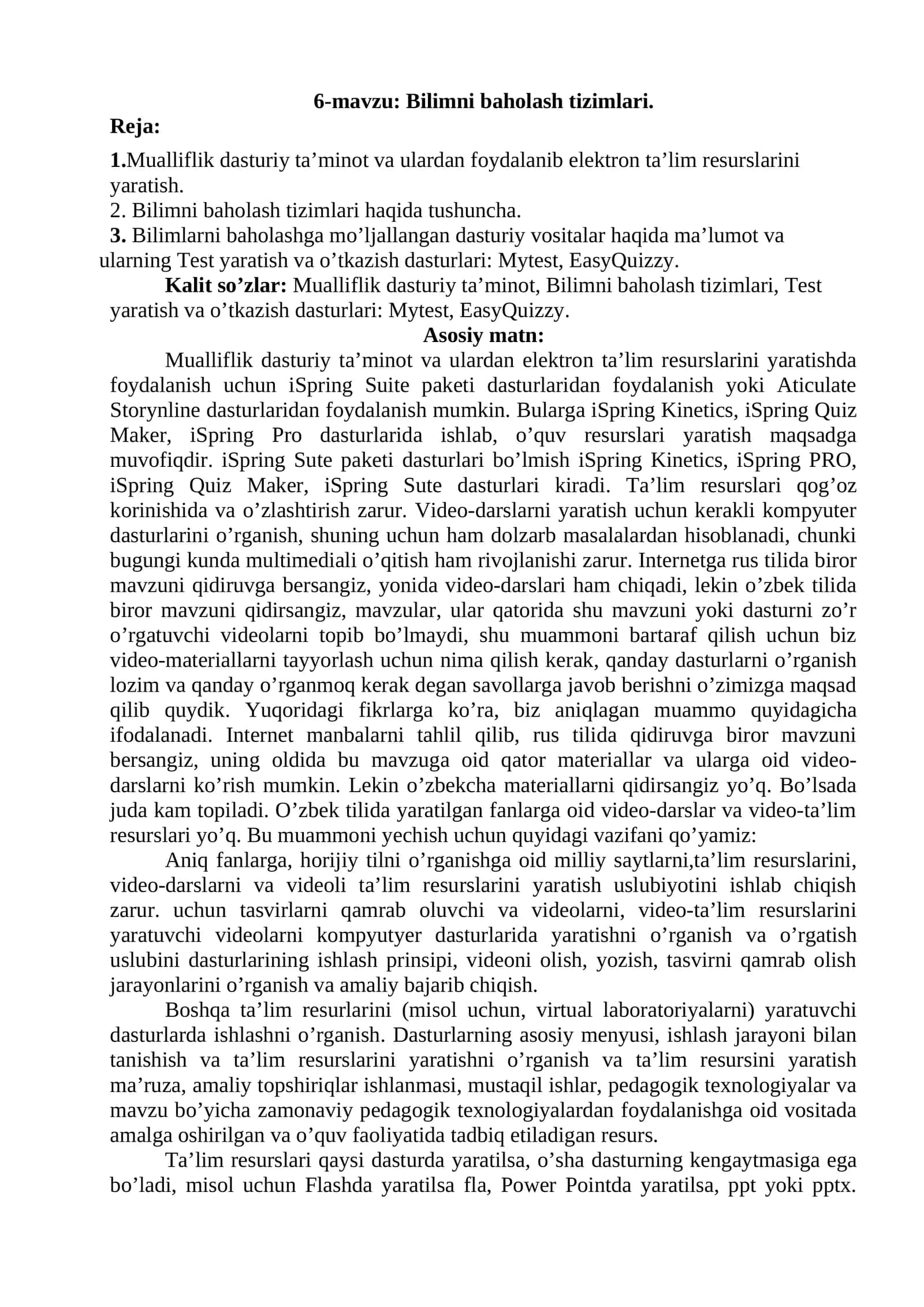 6-Mavzu: Bilimni baholash tizimlari 1