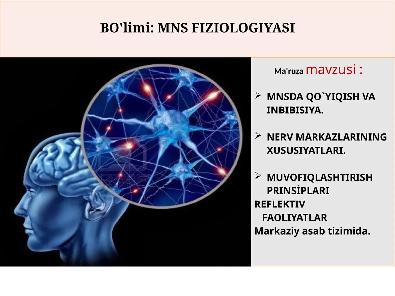 MNSDA QO`YIQISH VA INBIBISIYA. NERV MARKAZLARINING XUSUSIYATLARI. MUVOFIQLASHTIRISH PRINSİPLARI REFLEKTIV FAOLIYATLAR 1