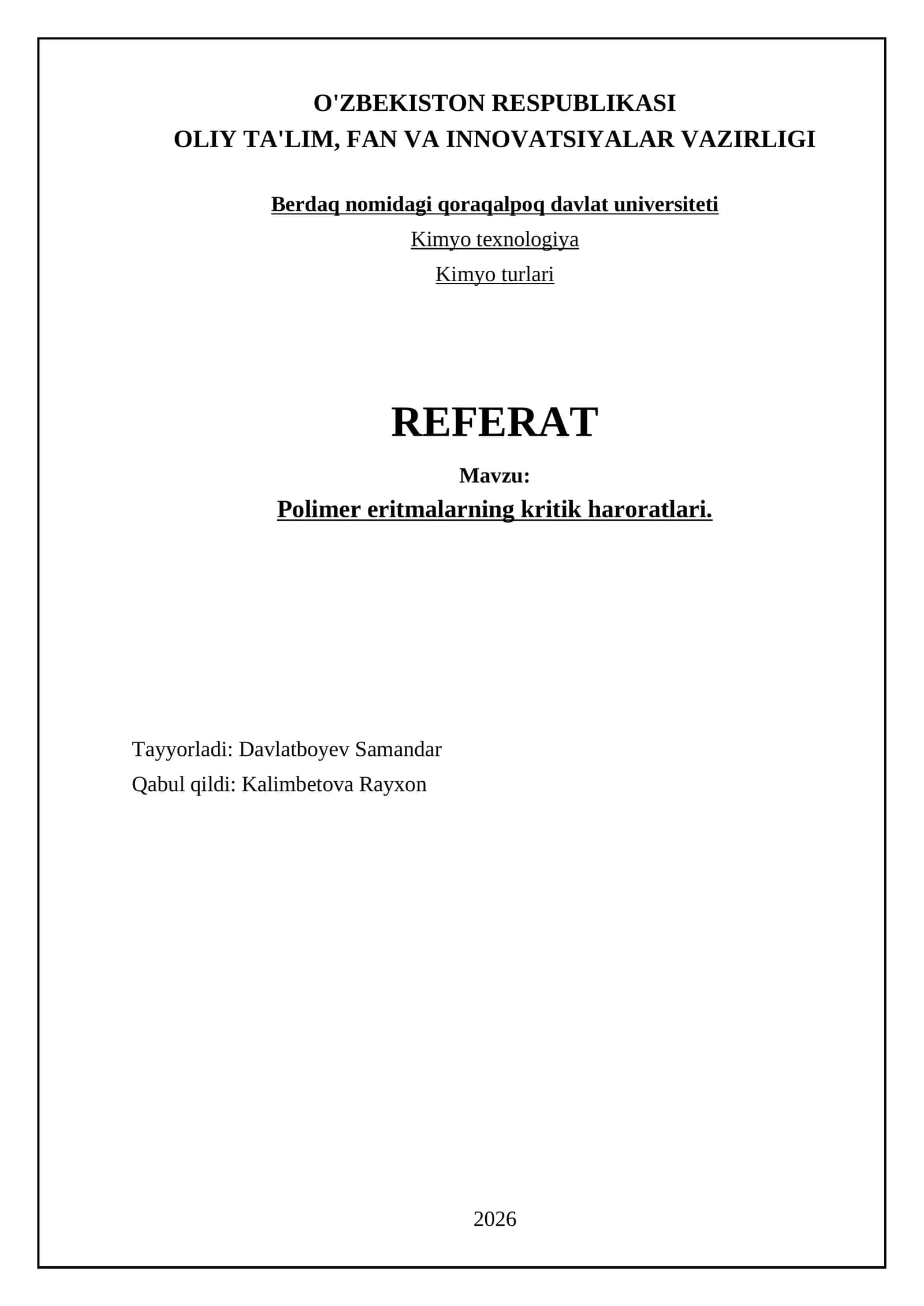 Polimer eritmalarning kritik haroratlari 1