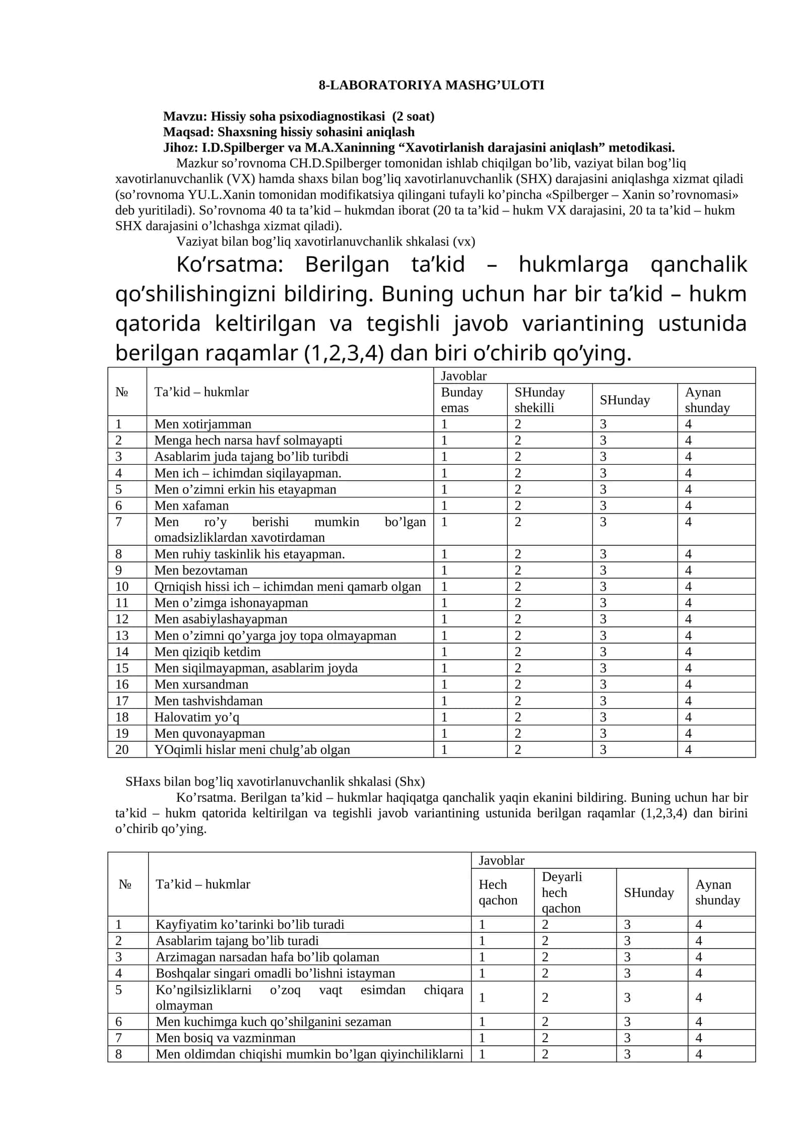 Hissiy soha psixodiagnostikasi (2 soat) 1