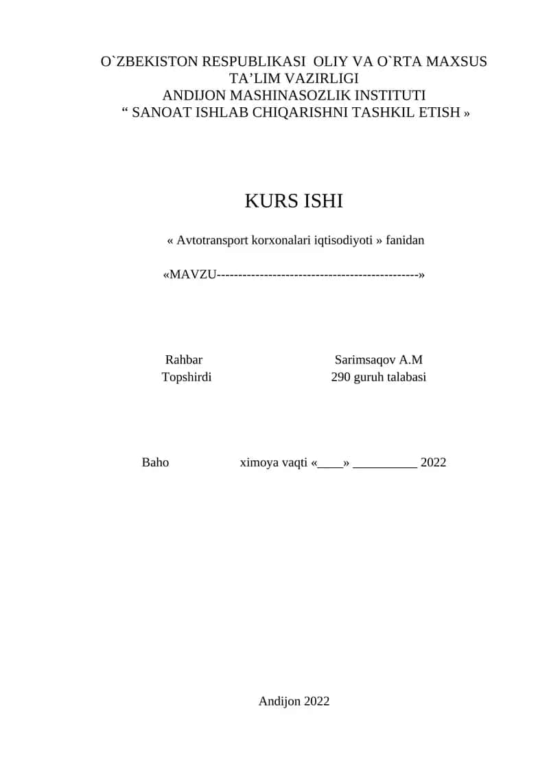 Avtotransport korxonalari iqtisodiyoti fanidan kurs ishi 1