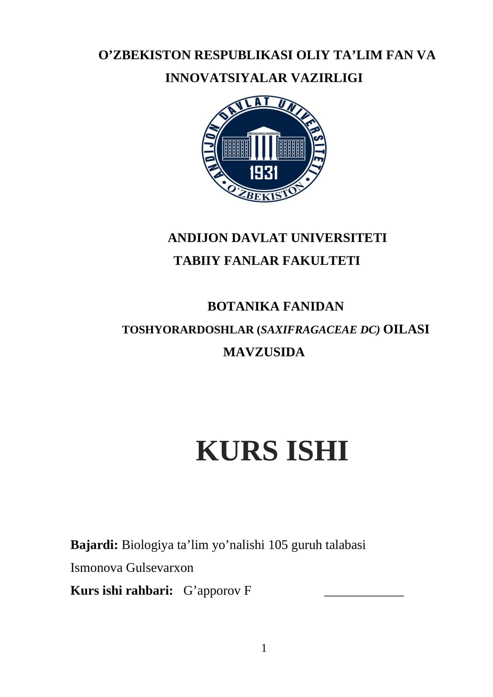 TOSHYORARDOSHLAR (SAXIFRAGACEAE DC) oilasi MAVZUSIDA KURS ISHI 1