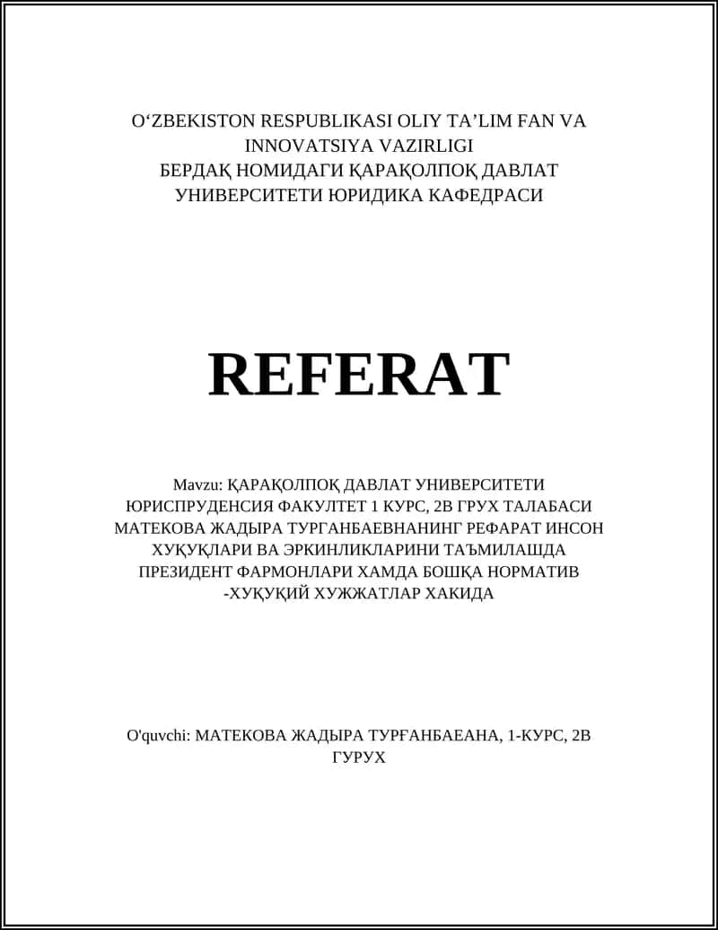ҚАРАҚОЛП ДАВЛАТ УНИВЕРСИТЕТИ ЮРИДИКА КАФЕДРАСИ РЕФАРАТ 1