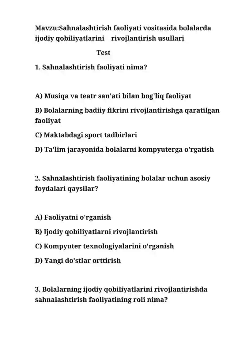 Sahnalashtirish faoliyati vositasida bolalarda ijodiy qobiliyatlarini rivojlantirish usullari