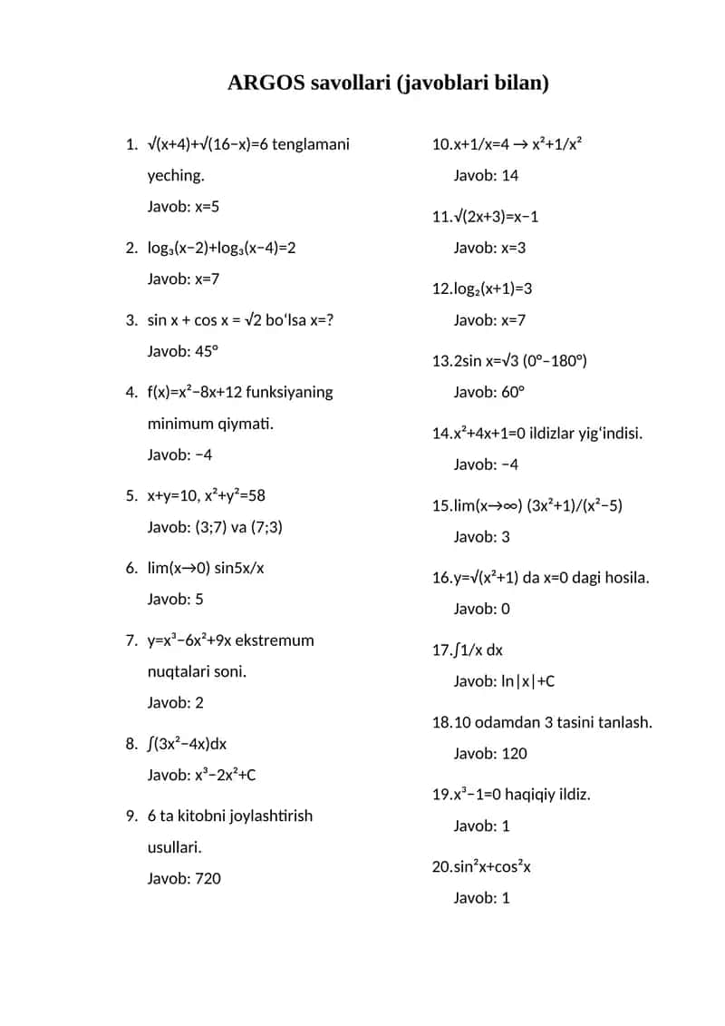 ARGOS savollari (javoblari bilan) 1