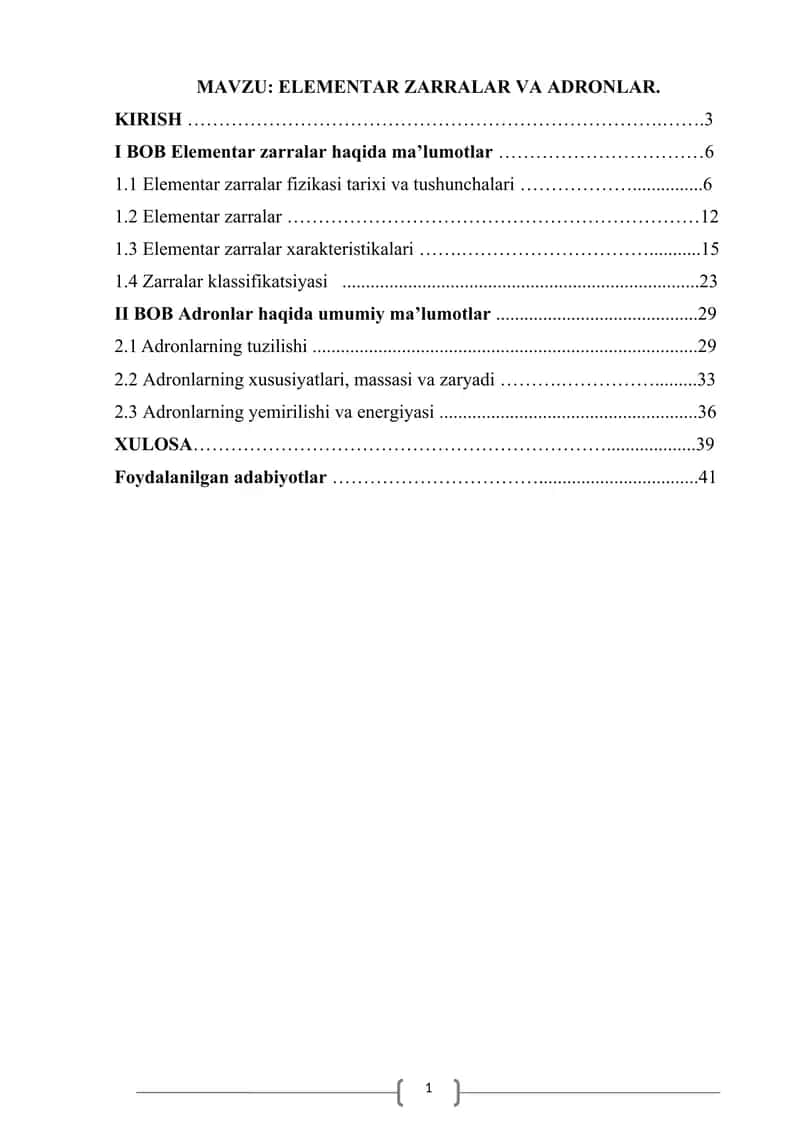 ELEMENTAR ZARRALAR VA ADRONLAR. KURS ISHI 1