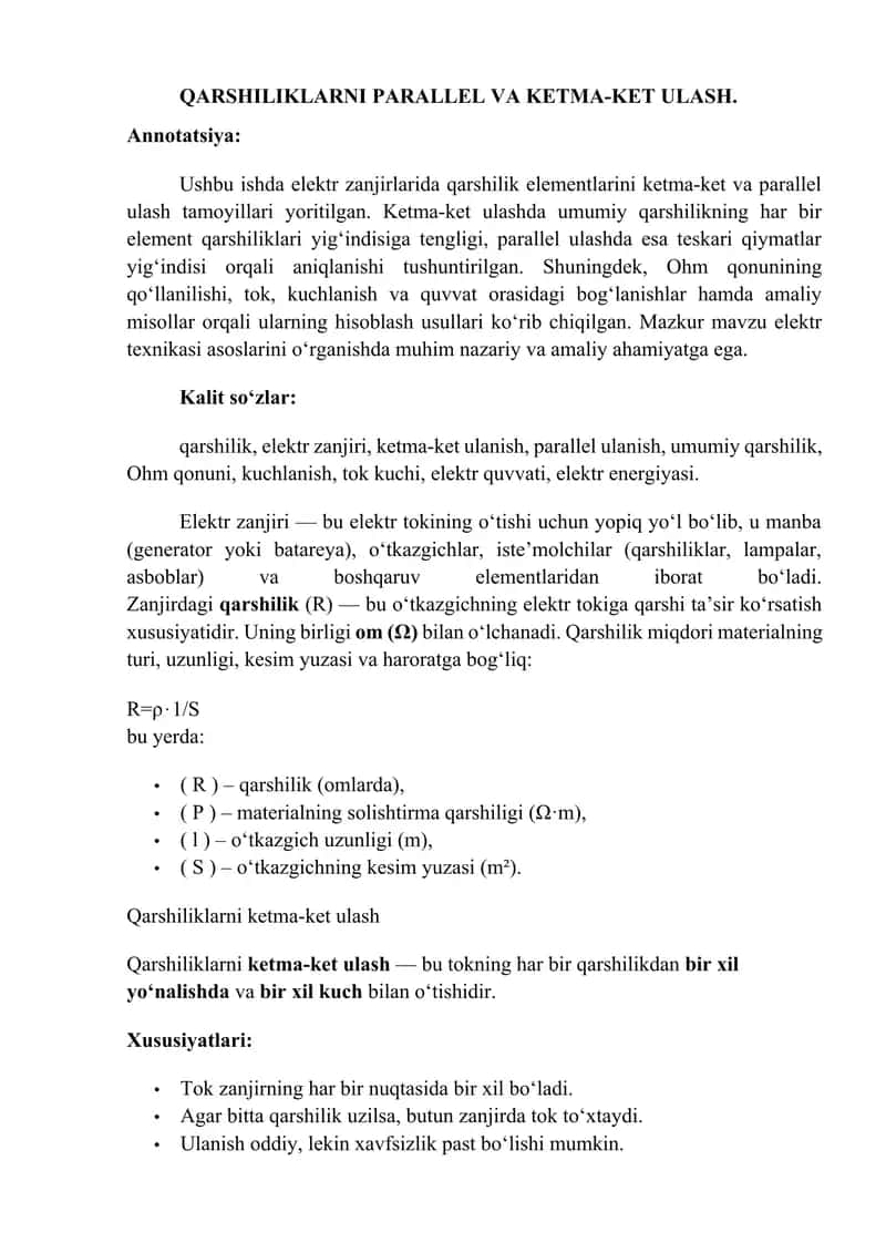 QARSHILIKLARNI PARALLEL VA KETMA-KET ULASH. 1