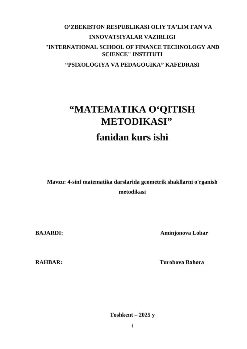 4-SINF MATEMATIKA DARSLARIDA GEOMETRIK SHAKLLARNI O'RGANISH METODIKASI 1