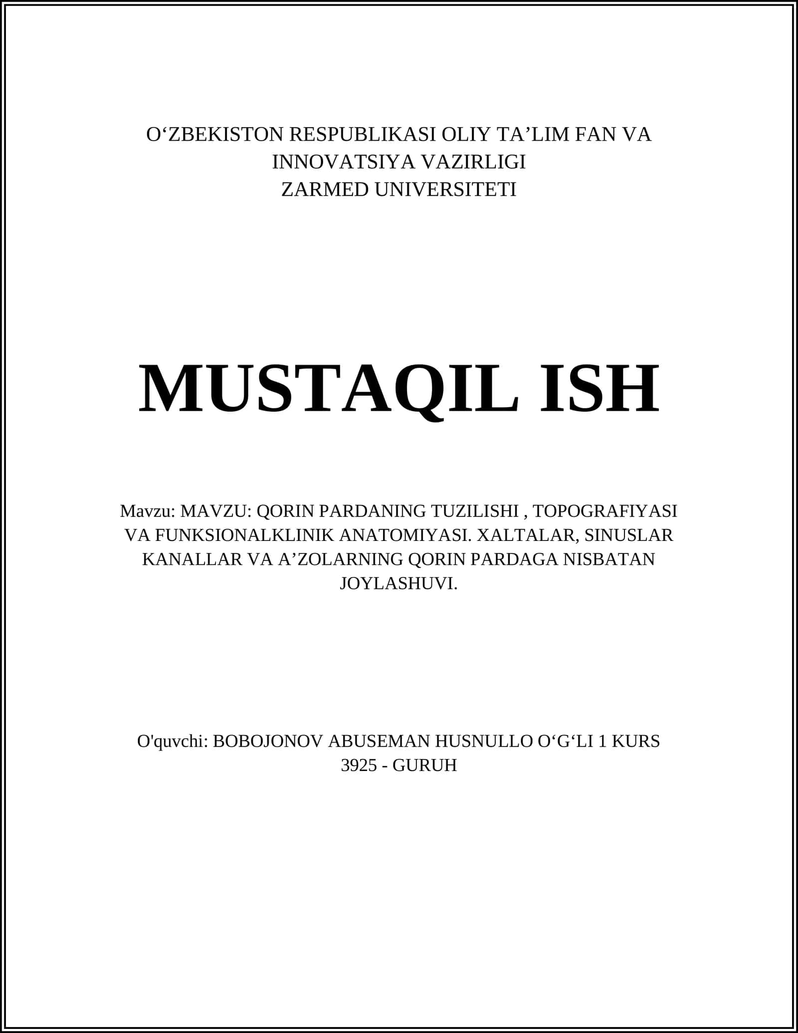 Qorin Pardaning Tuzilishi, Topografiyasi va Funktsionalklinik Anatomiya 1