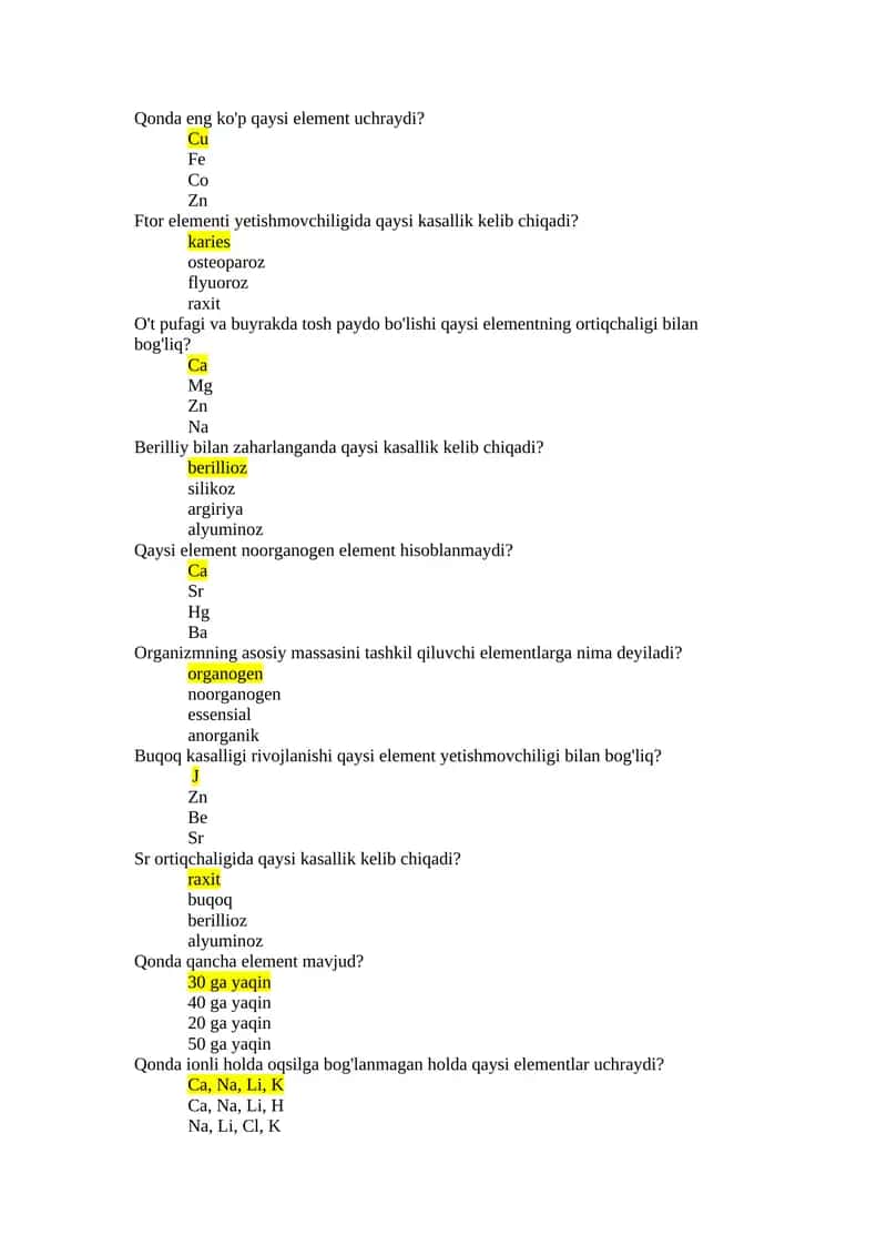 Elementlar haqida test savollar 1