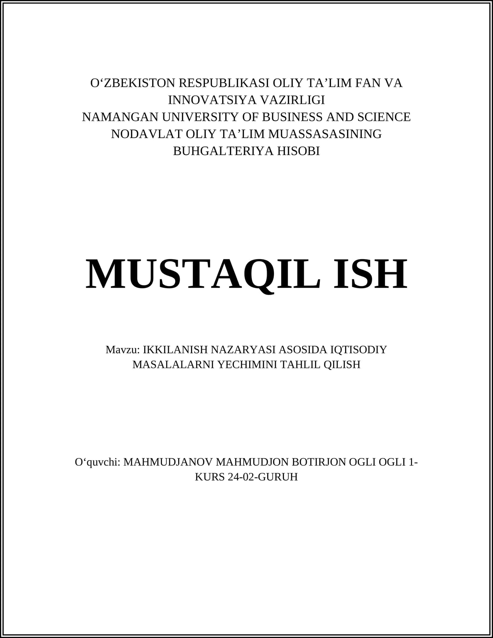 IKKILANISH NAZARYASI ASOSIDA IQTISODIY MASALALARNI YECHIMINI TAHLIL QILISH 1