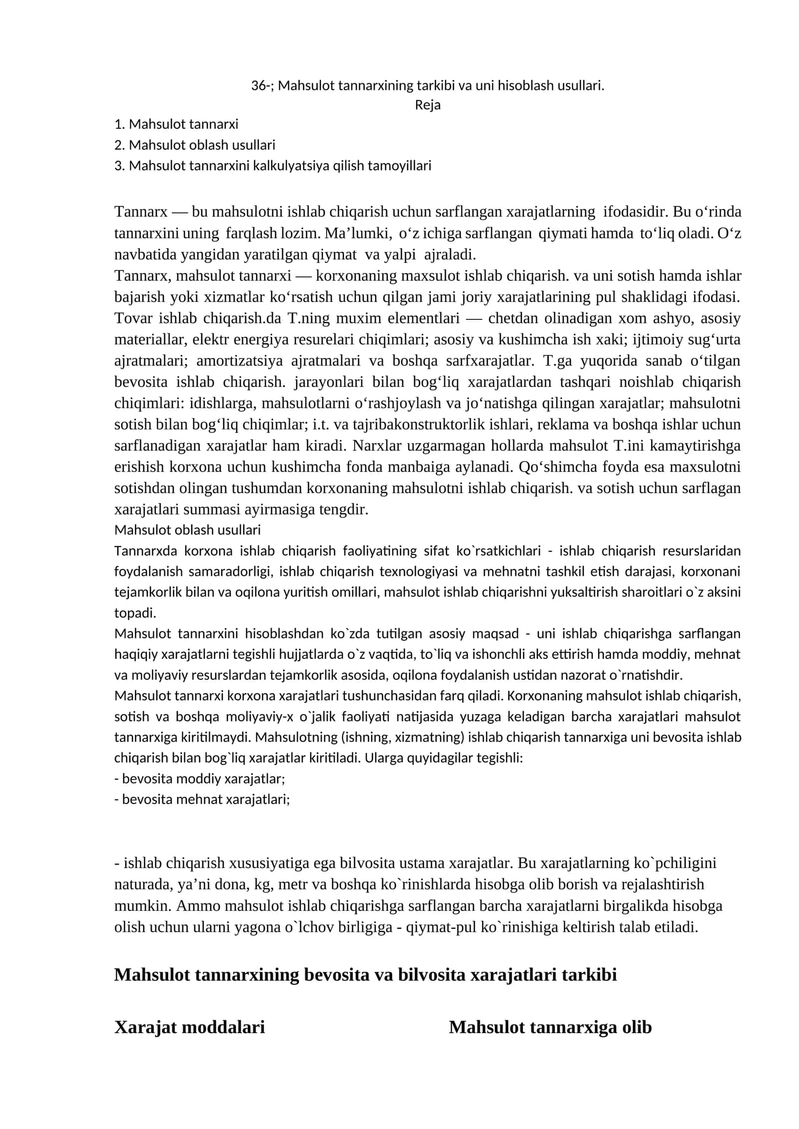 Mahsulot tannarxining tarkibi va uni hisoblash usullari 1
