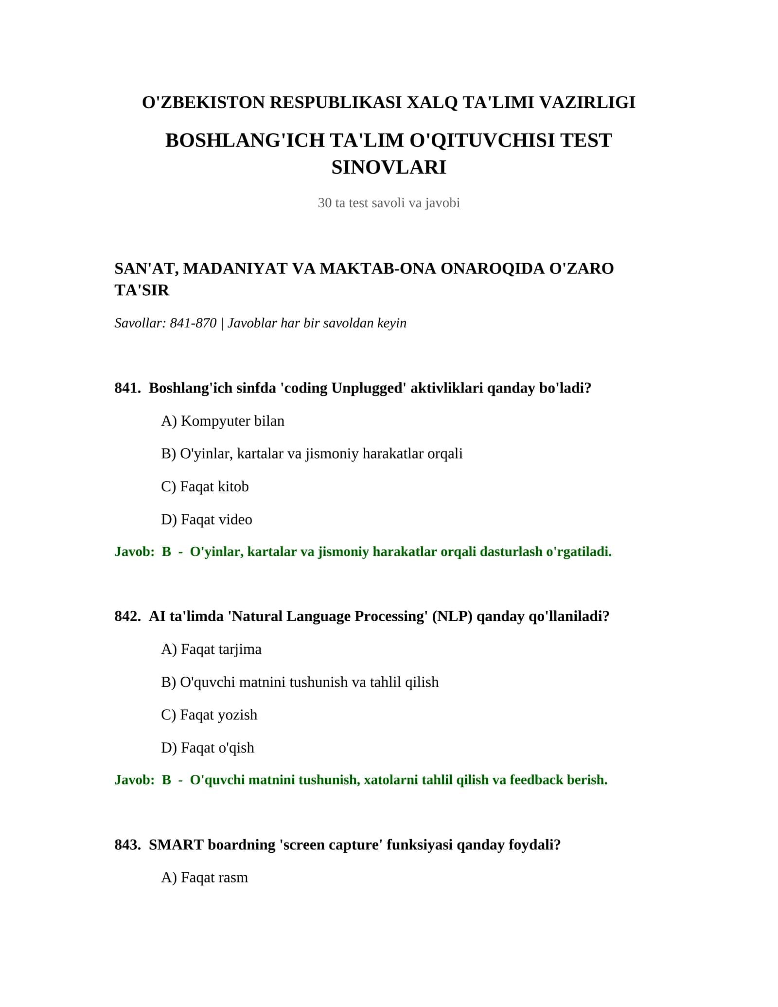 BOSHLANG'ICH TA'LIM O'QITUVCHISI TEST SINOVLARI 1