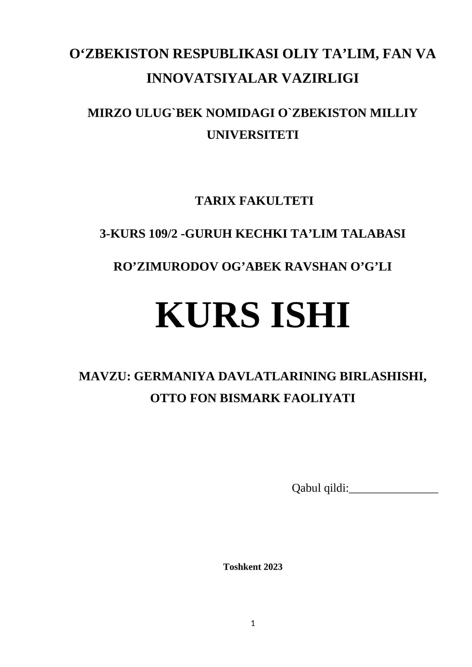 GERMANIYA DAVLATLARINING BIRLASHISHI, OTTO FON BISMARK FAOLIYATI 1