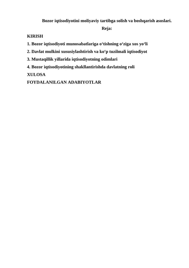 Bozor iqtisodiyotini moliyaviy tartibga solish va boshqarish asoslari 1