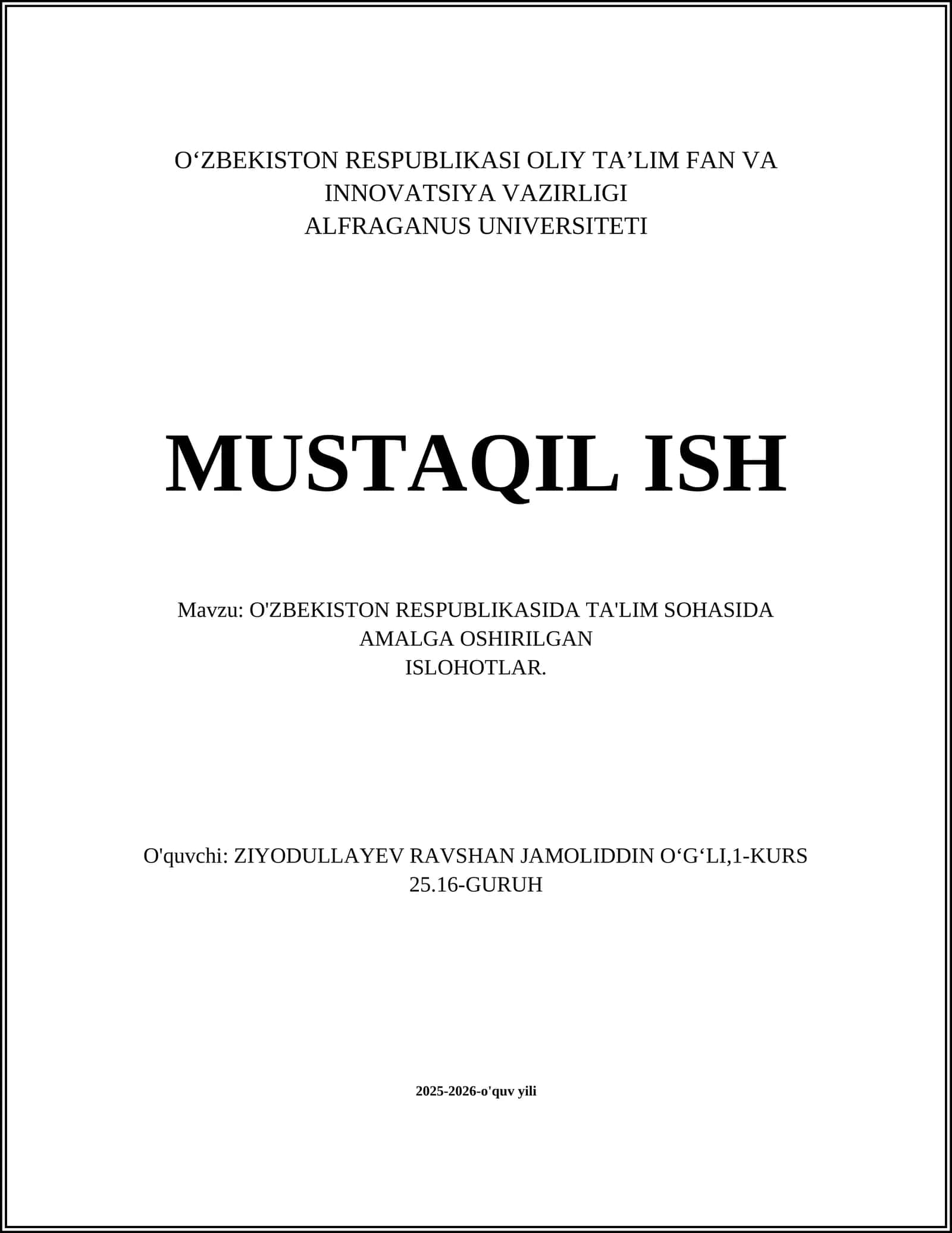 O'ZBEKISTON RESPUBLIKASIDA TA'LIM SOHASIDA AMALGA OSHIRILGAN 1