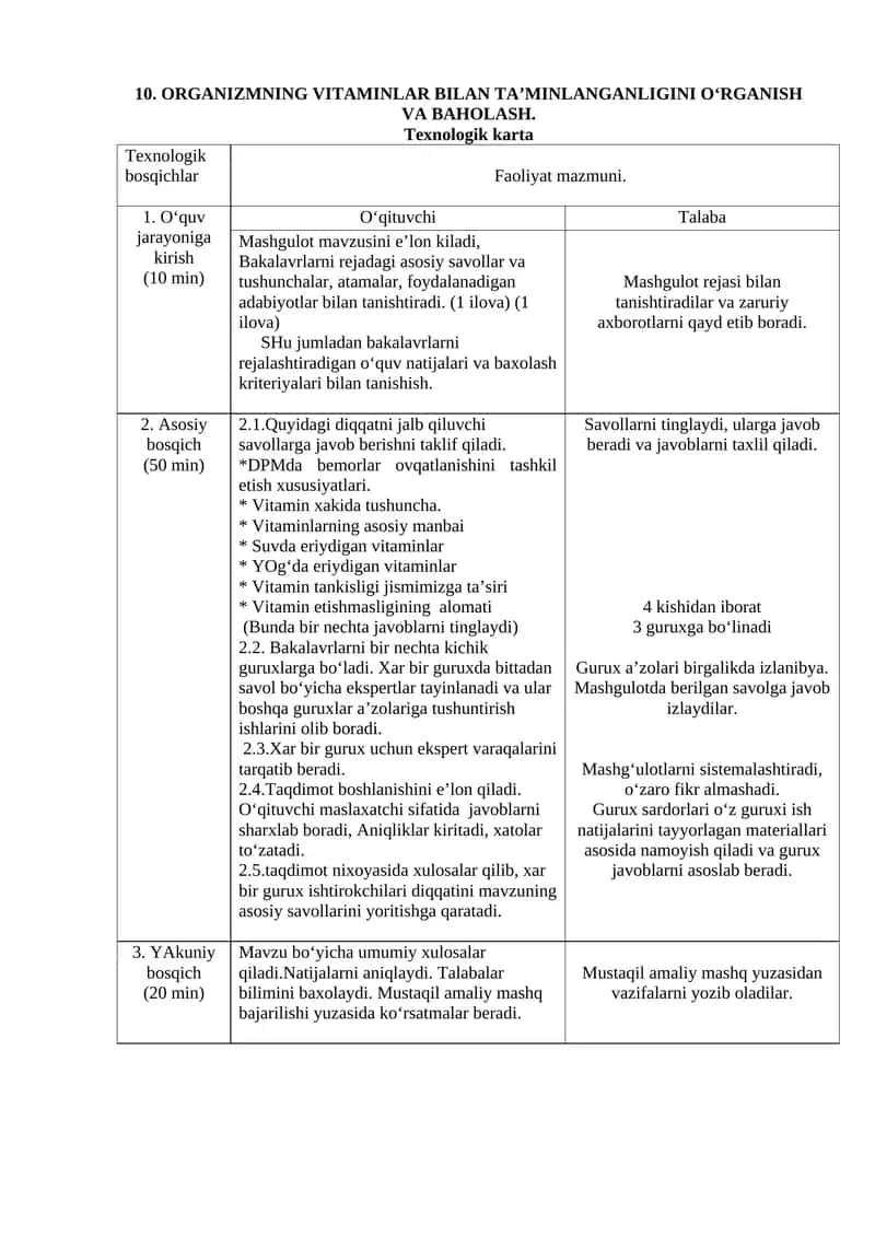ORGANIZMNING VITAMINLAR BILAN TA’MINLANGANLIGINI O‘RGANISH VA BAHOLASH 1