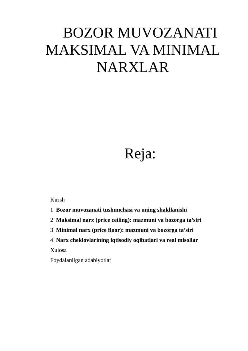 Bozor muvozanati Maksimal va Minimal narxlar 1
