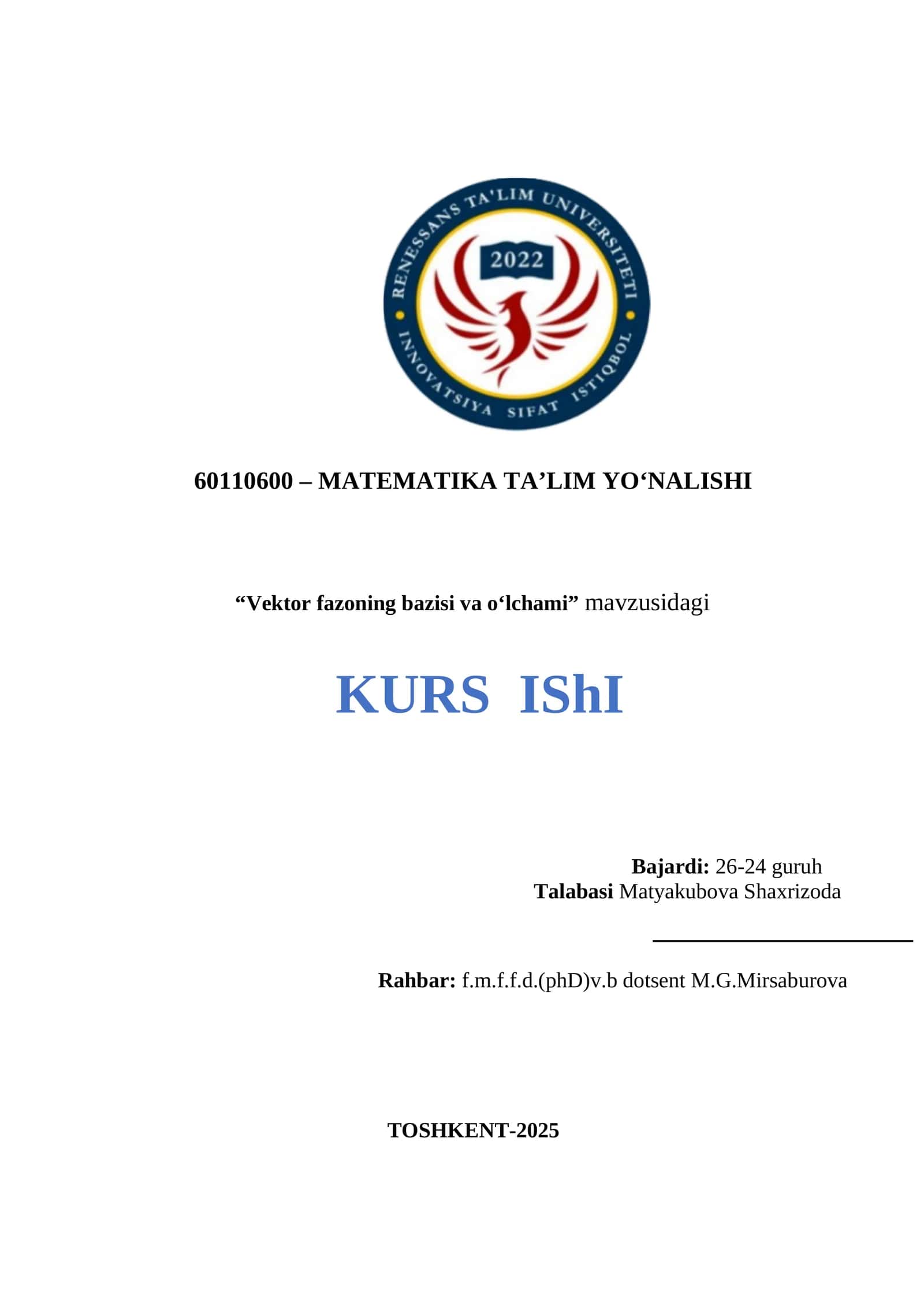 Vektor fazoning bazisi va oʻlchami kurs ishi 1