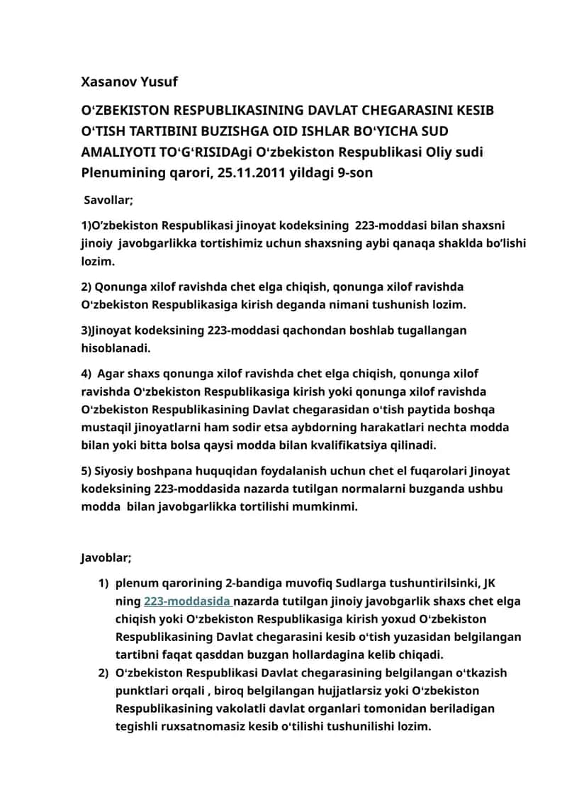 OʻZBEKISTON RESPUBLIKASINING DAVLAT CHEGARASINI KESIB OʻTISH TARTIBINI BUZISHGA OID ISHLAR BOʻYICHA SUD AMALIYOTI TOʻGʻRISIDAgi 1