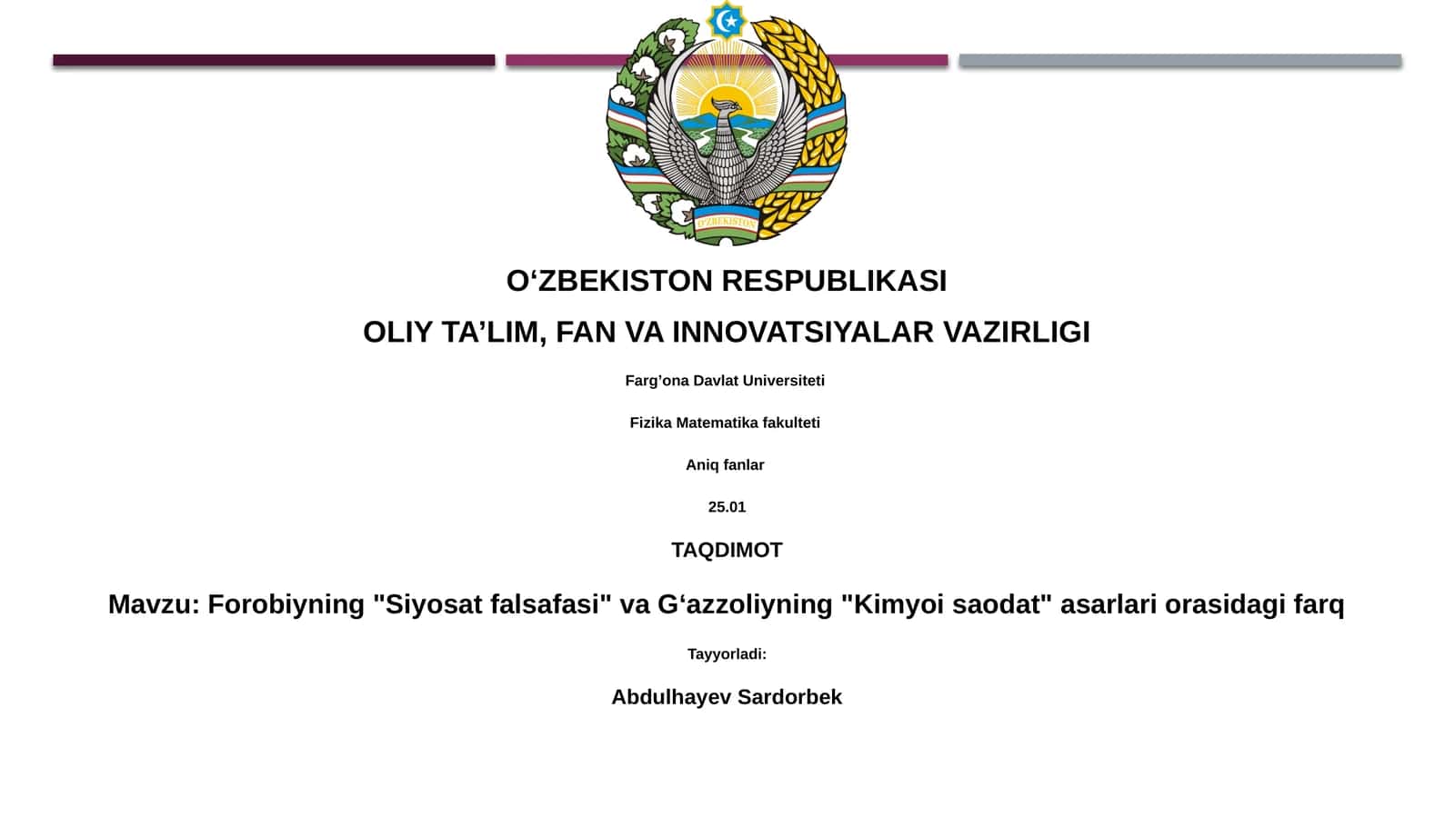 Forobiyning "Siyosat falsafasi" va Gʻazzoliyning "Kimyoi saodat" asarlari orasidagi farq 1