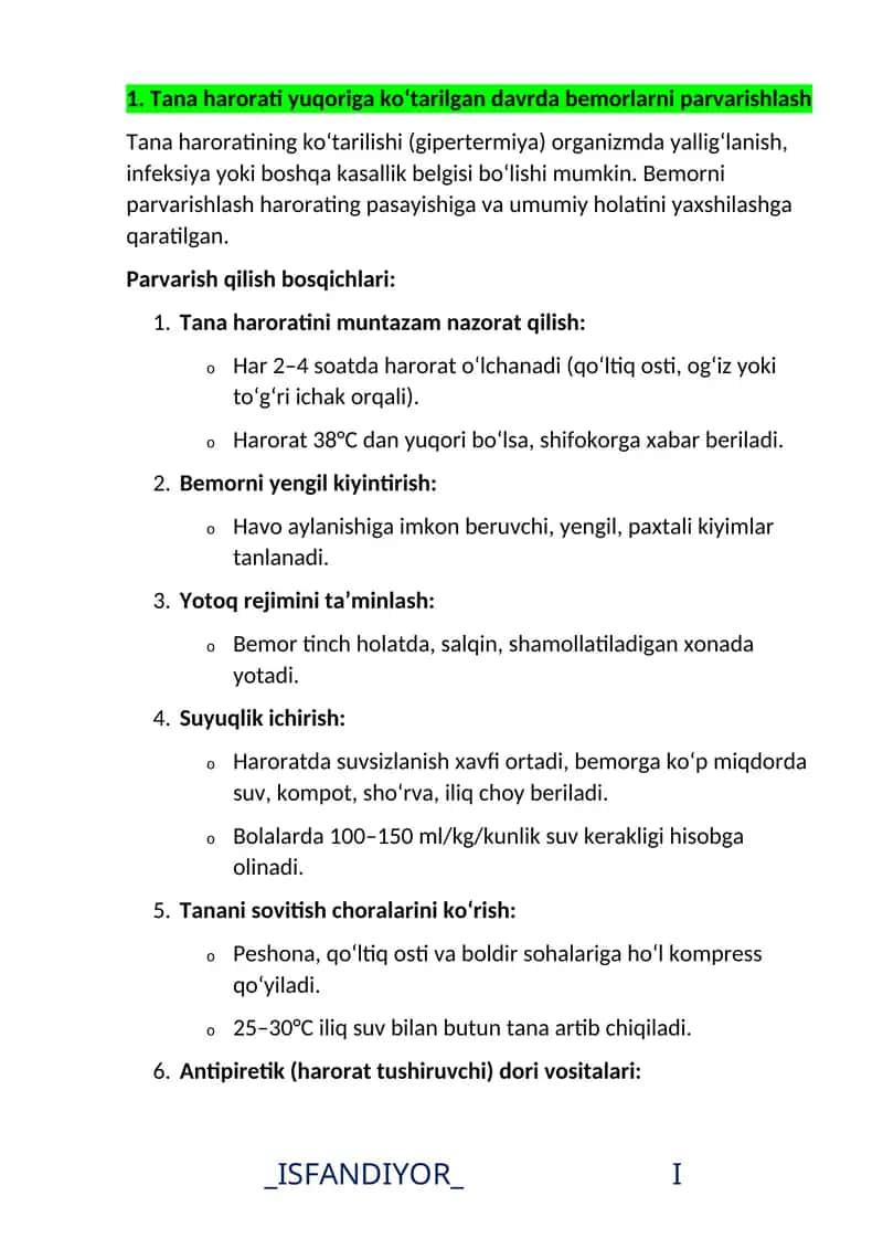 Tana harorati yuqoriga ko‘tarilgan davrda bemorlarni parvarishlash 1