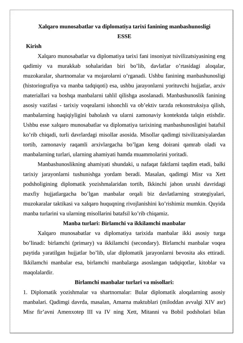 Xalqaro munosabatlar va diplomatiya tarixi fanining manbashunosligi ESSE 1