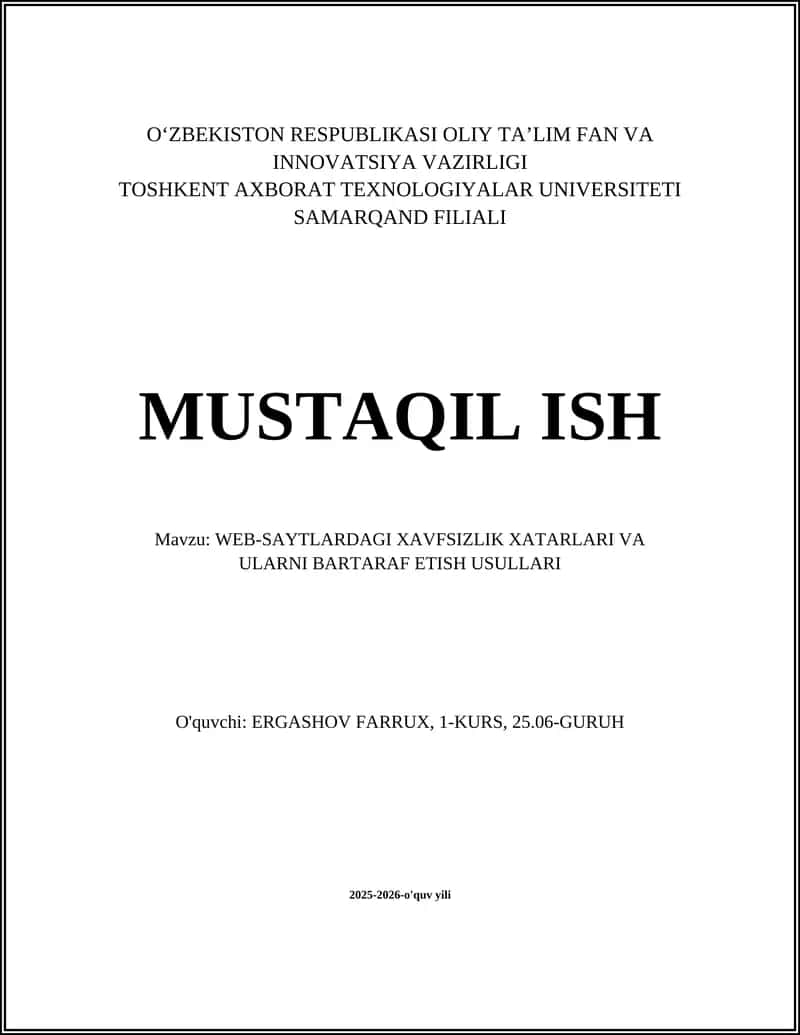 WEB-SAYTLARDAGI XAVFSIZLIK XATARLARI VA ULARNI BARTARAF ETISH USULLARI 1