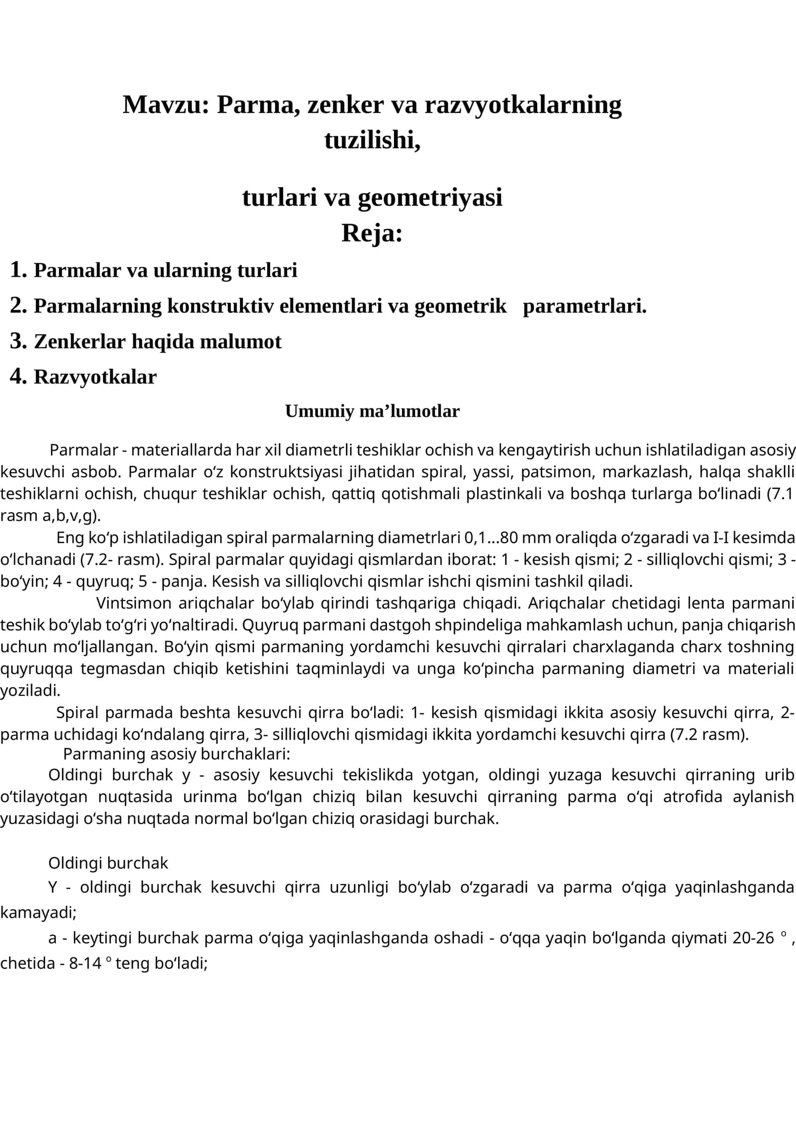Parma, zenker va razvyotkalarning tuzilishi, turlari va geometriyasi 1