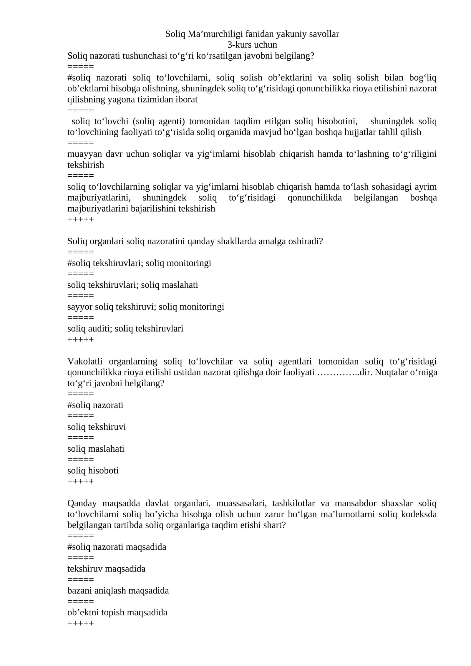 Soliq Ma’murchiligi fanidan yakuniy savollar 1