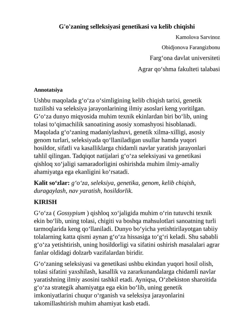 G'o'zaning selleksiyasi genetikasi va kelib chiqishi 1