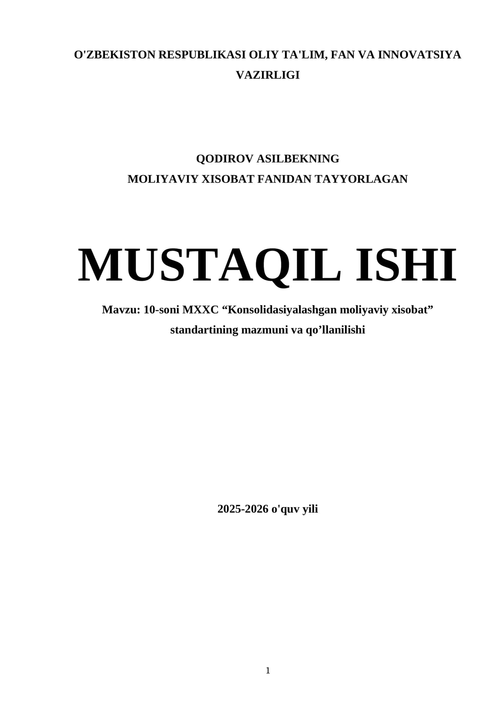 MOLIYAVIY XISOBAT FANIDAN TAYYORLAGAN MUSTAQIL ISHI 1