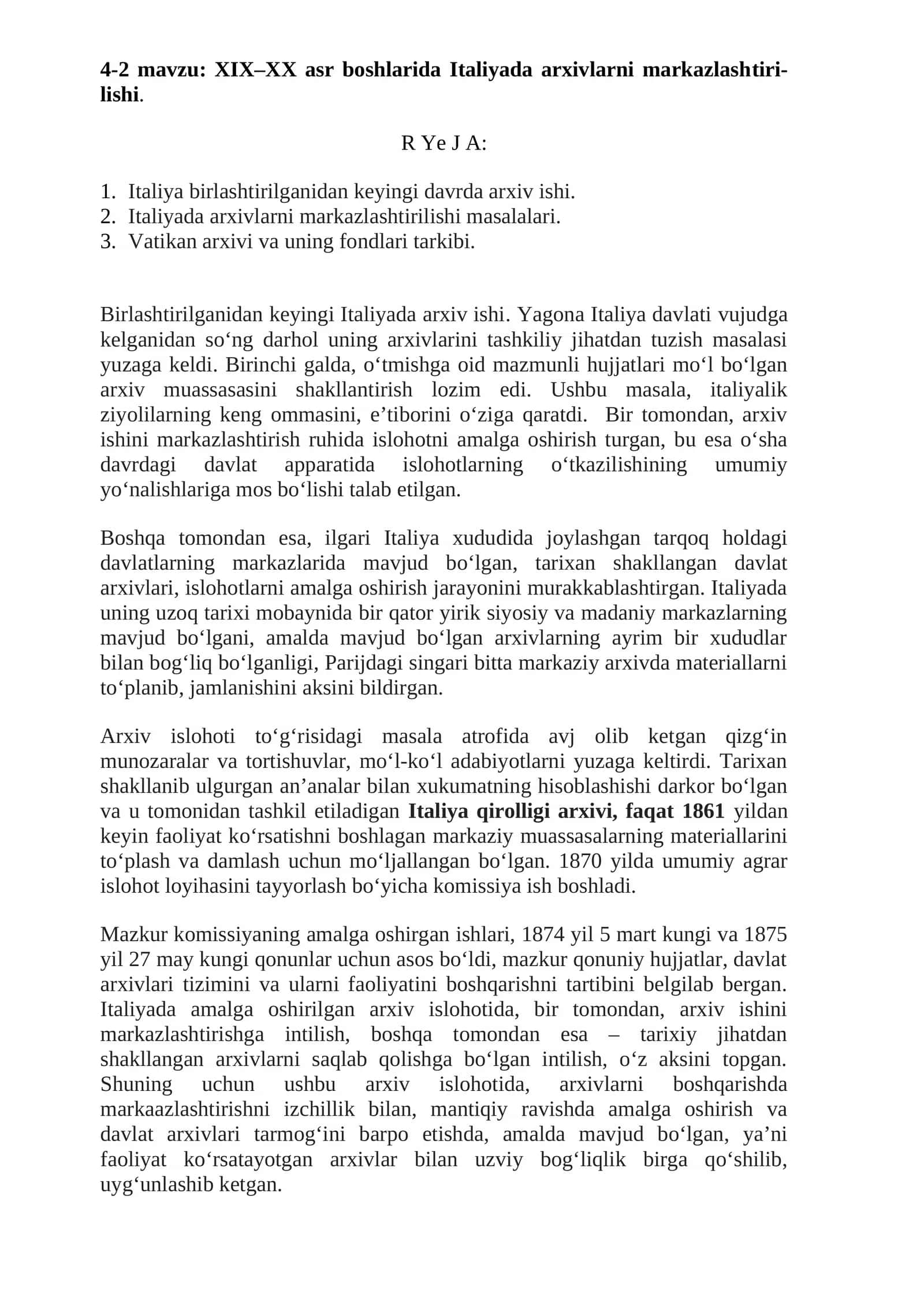 XIX–XX asr boshlarida Italiyada arxivlarni markazlashtirilishi 1