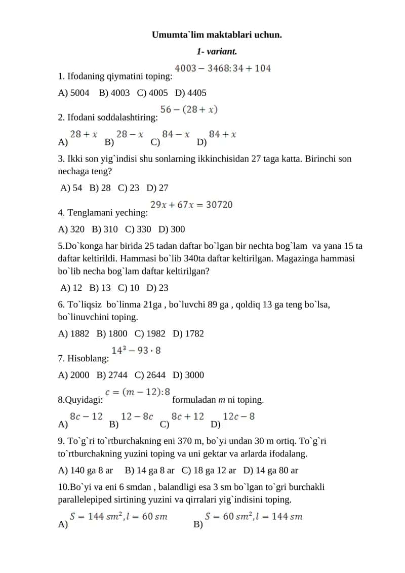 Umumta`lim maktablari uchun 1-variant 1