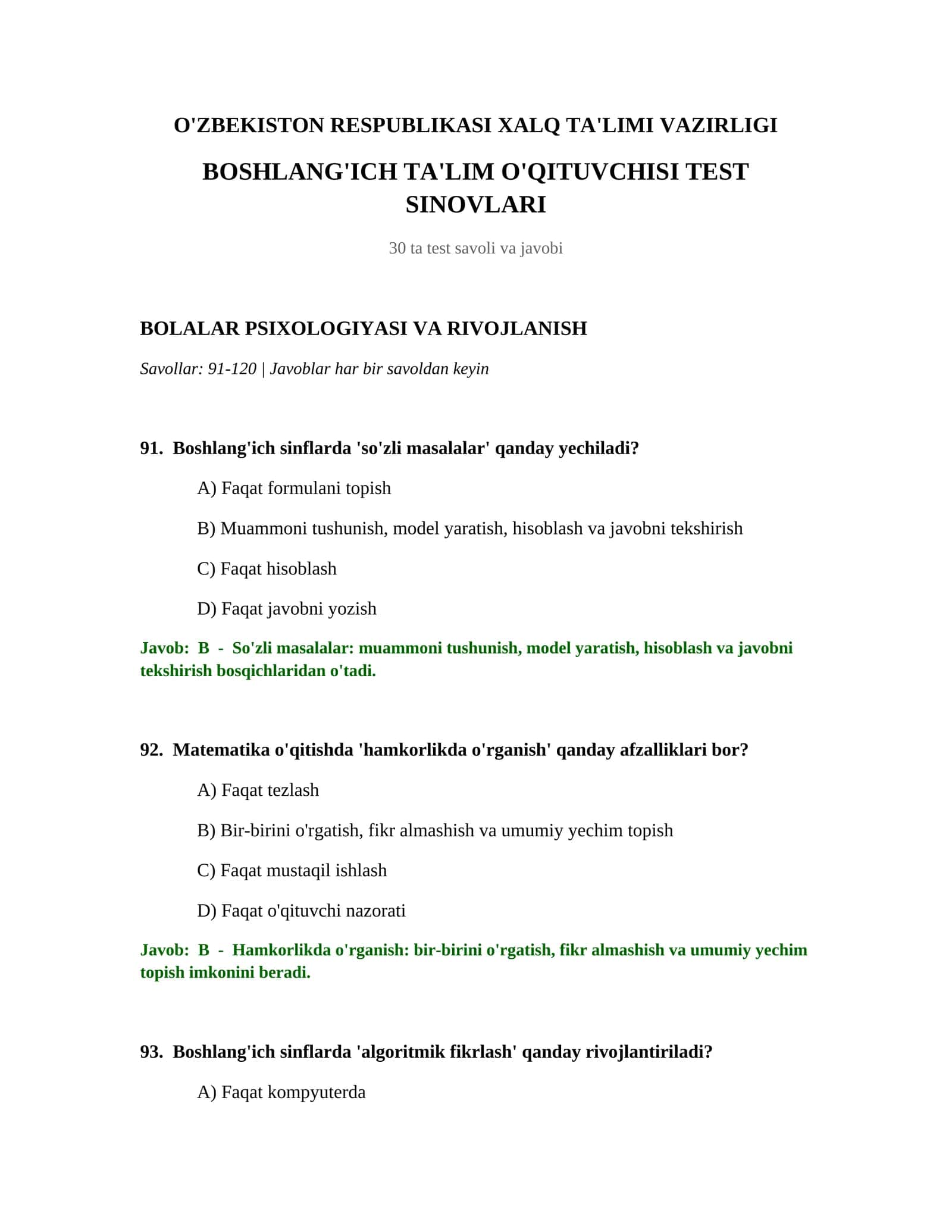 BOSHLANG'ICH TA'LIM O'QITUVCHISI TEST SINOVLARI 1