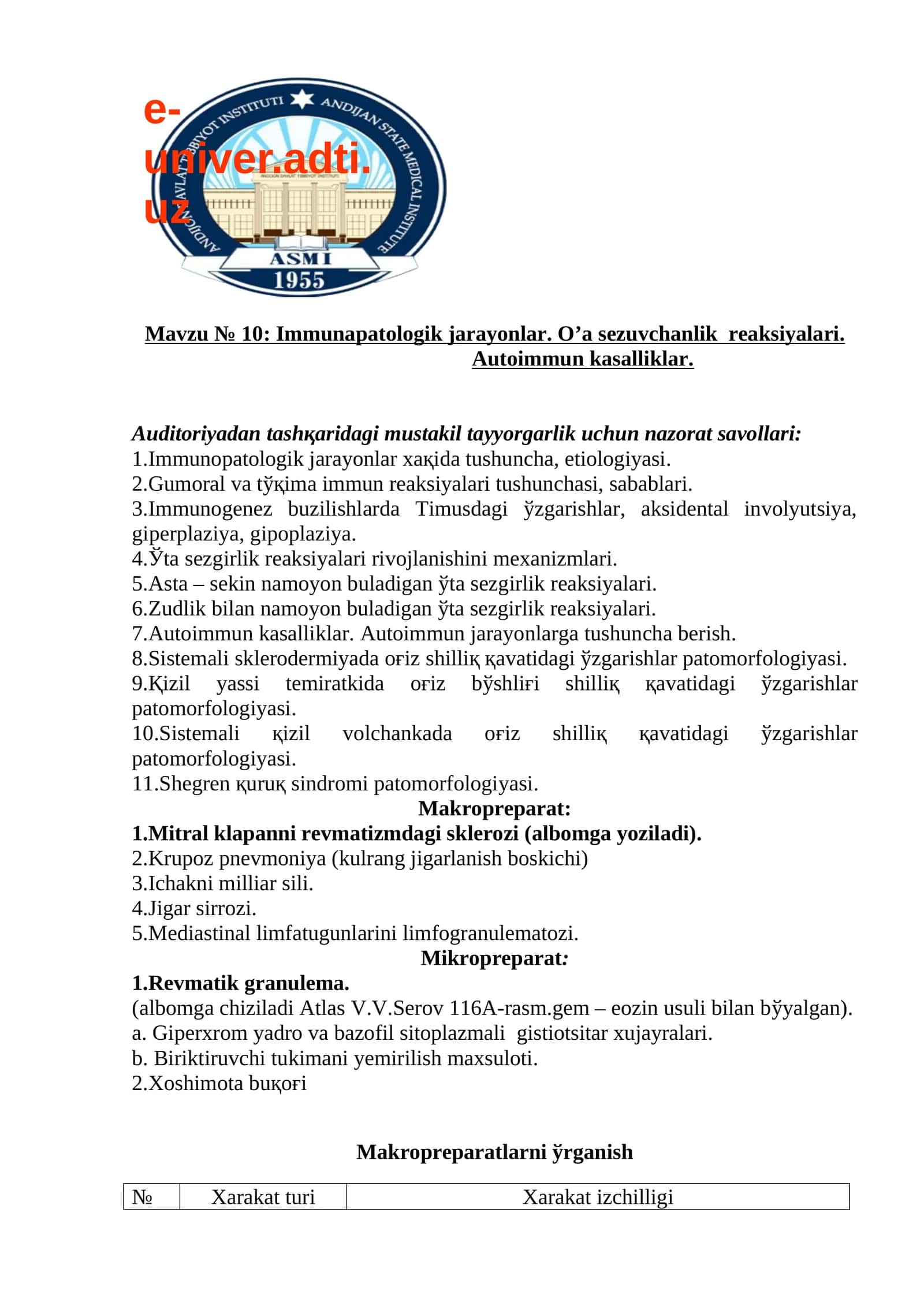 Immunapatologik jarayonlar. O’a sezuvchanlik reaksiyalari. Autoimmun kasalliklar 1