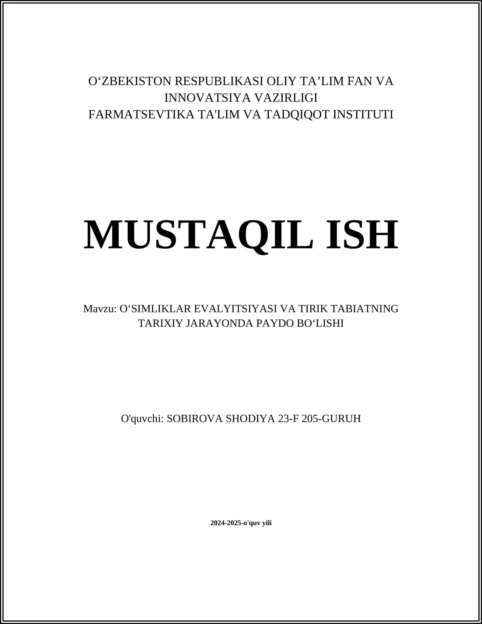 OʻSIMLIKLAR EVALYITSIYASI VA TIRIK TABIATNING TARIXIY JARAYONDA PAYDO BOʻLISHI 1
