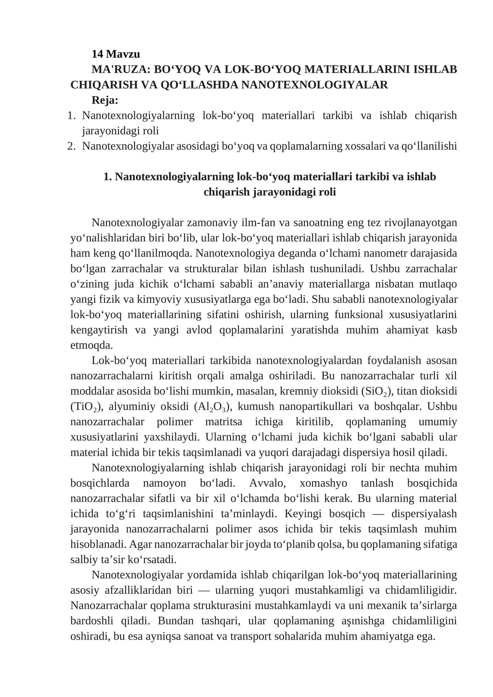 MA'RUZA: BO‘YOQ VA LOK-BO‘YOQ MATERIALLARINI ISHLAB CHIQARISH VA QO‘LLASHDA NANOTEXNOLOGIYALAR 1