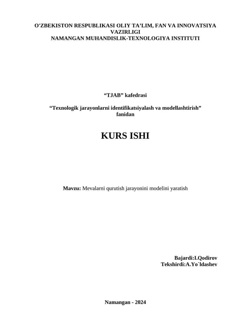 Mevalarni qurutish jarayonini modelini yaratish 1