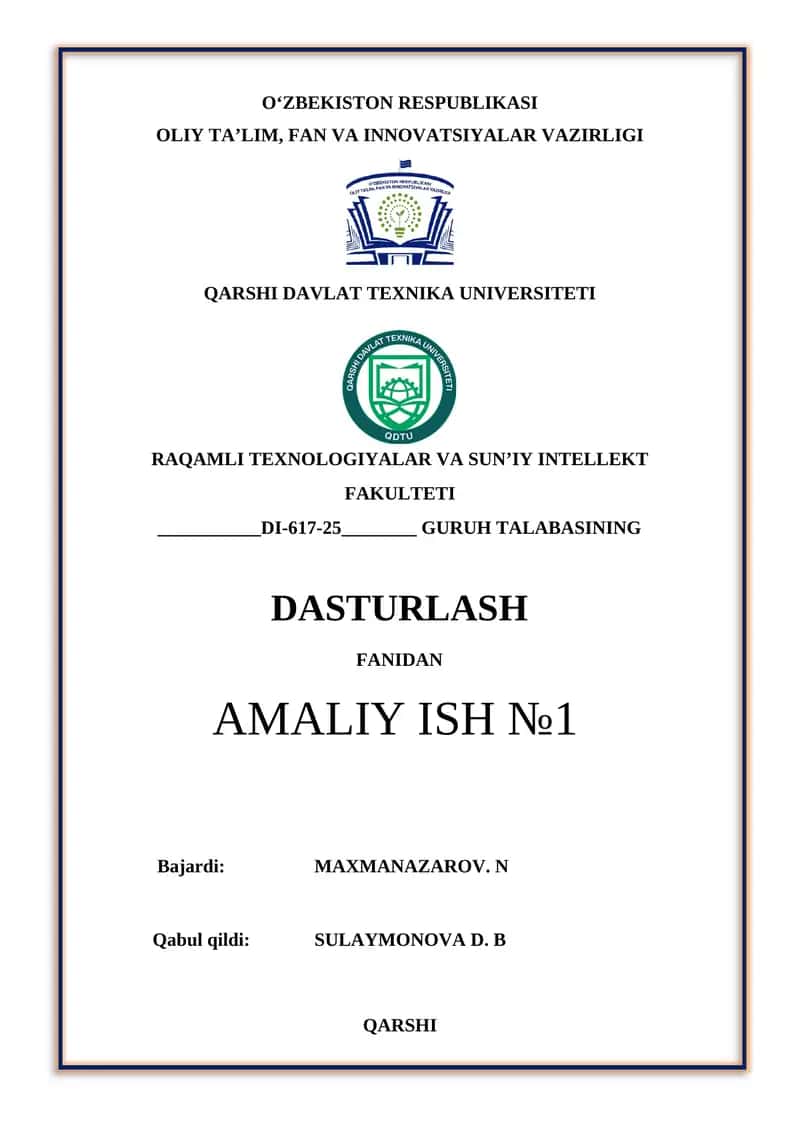 Chiziqli tuzilmali algoritmlarni tavsiflash, C++ tilida dasturlashtirish va kompyuterda hisoblashlar o‘tkazish 1