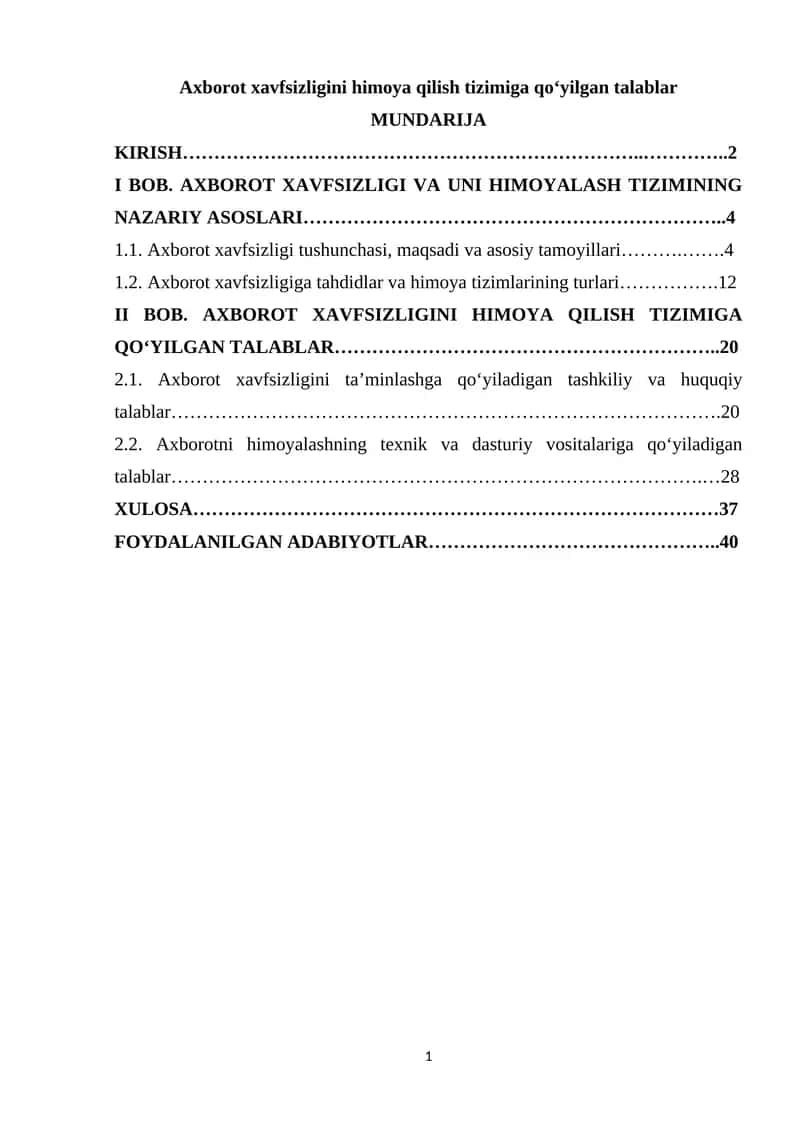Axborot xavfsizligini himoya qilish tizimiga qo‘yilgan talablar 1