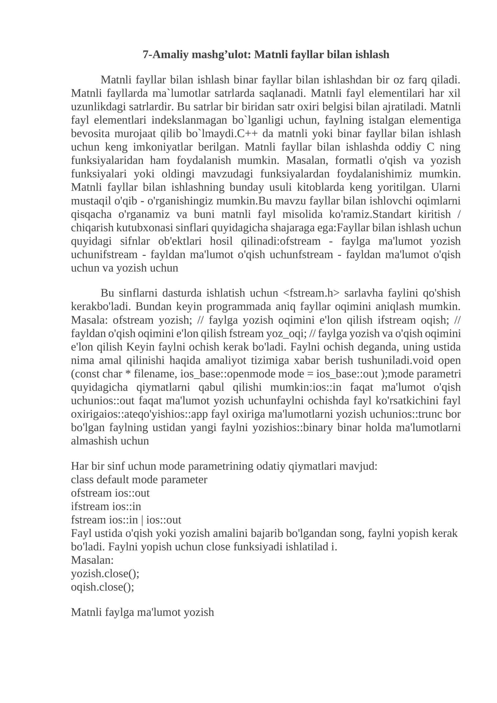 7-Amaliy mashg’ulot: Matnli fayllar bilan ishlash 1