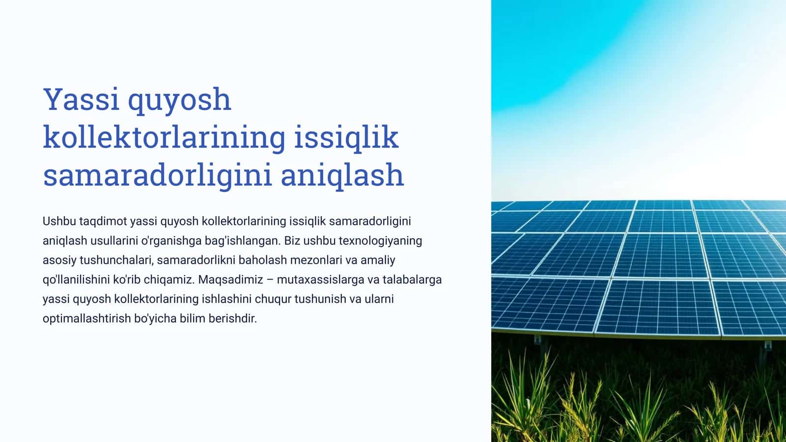 Yassi quyosh kollektorlarining issiqlik samaradorligini aniqlash 1