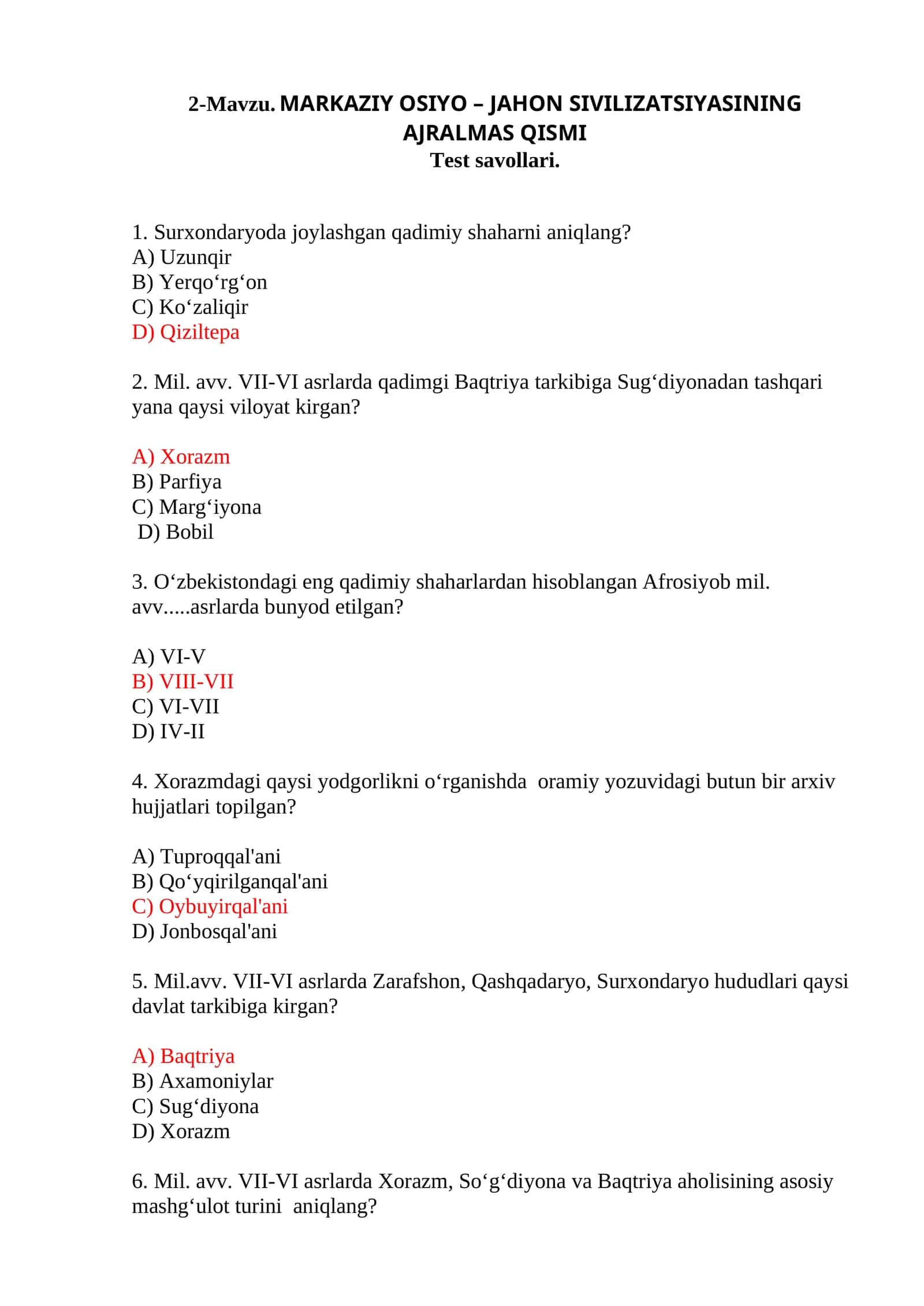 MARKAZIY OSIYO – JAHON SIVILIZATSIYASINING AJRALMAS QISMI 1