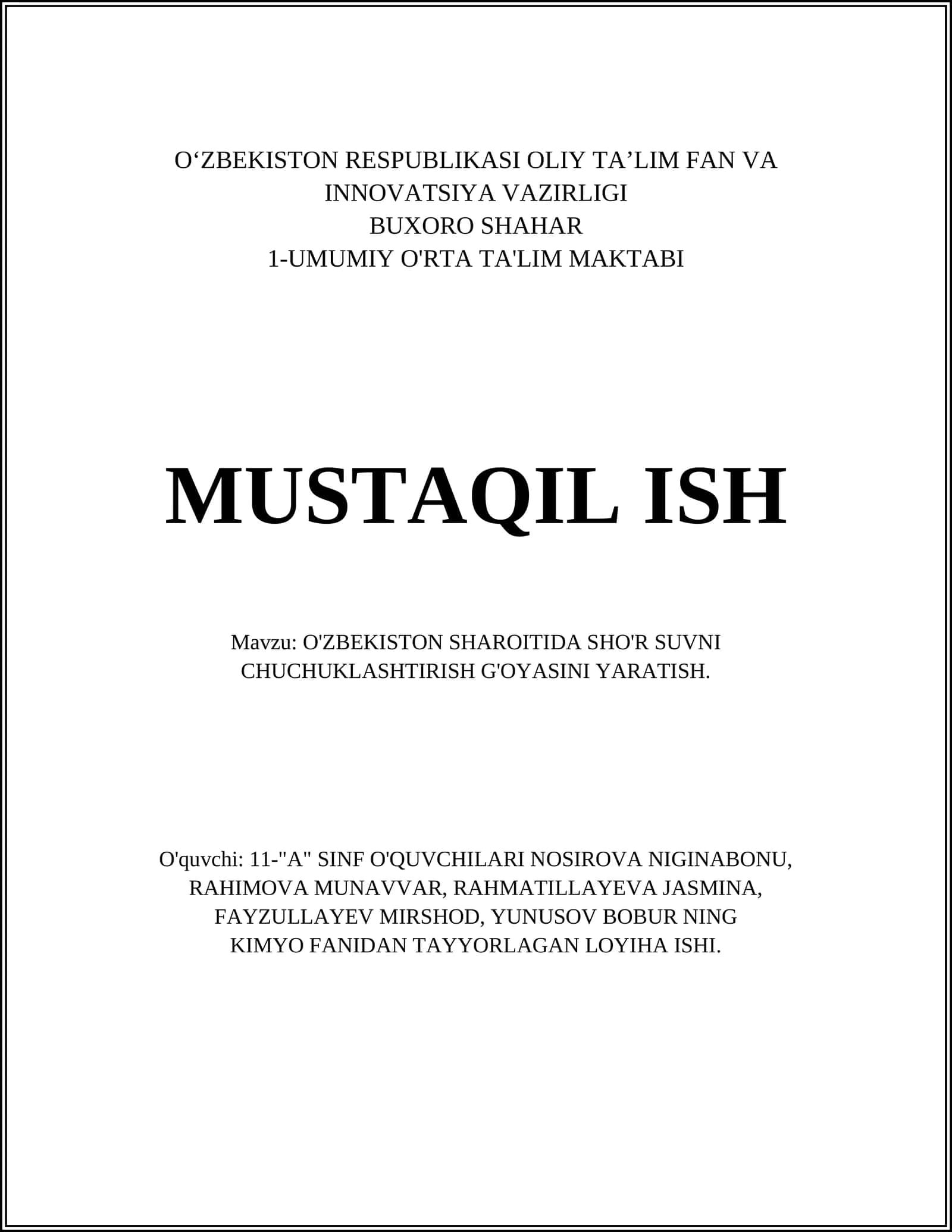 O'ZBEKISTON SHAROITIDA SHO'R SUVNI CHUCHUKLASHTIRISH G'OYASINI YARATISH 1