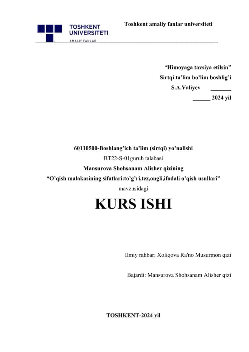 O’qish malakasining sifatlarito’g’ri,tez,ongli,ifodali o’qish usullari 1